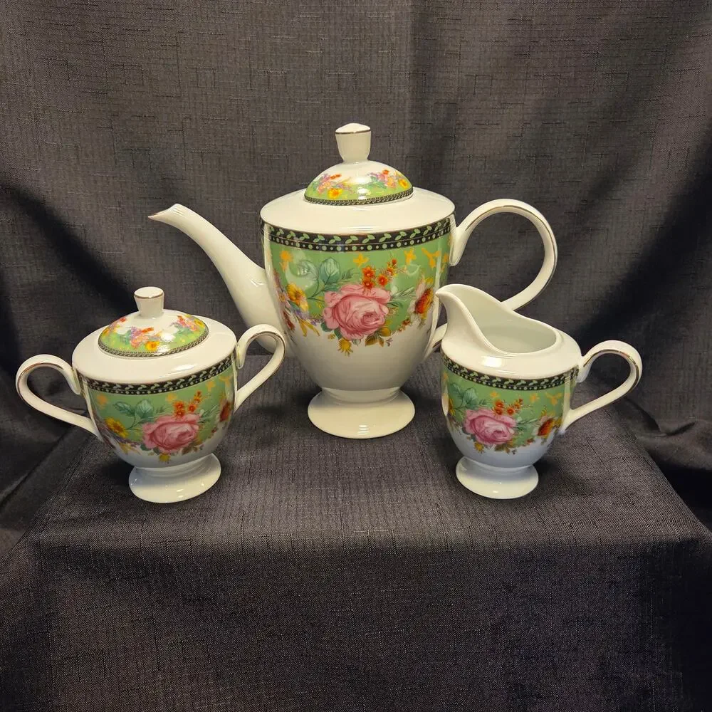 Royal Scotland Pink Rose on Green background Tea Set